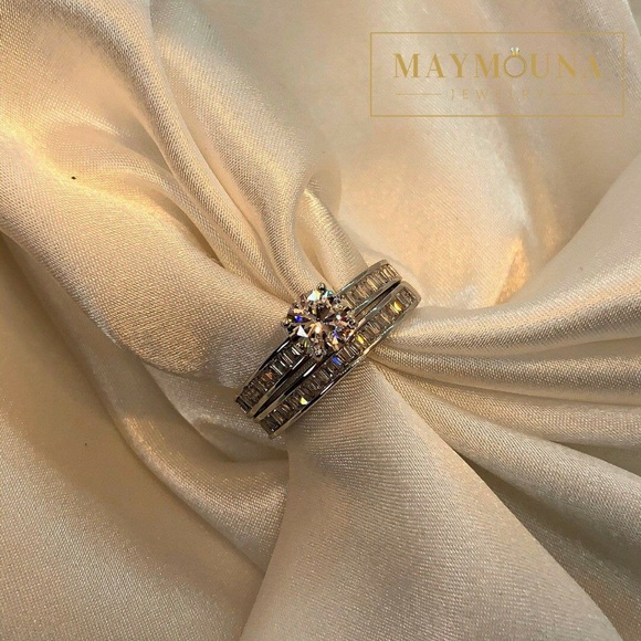 925 Sterling Silver Round & Baguette Ring Set - Picture 9 of 14